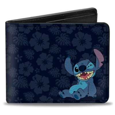 Image of Buckle Down mens Stitch Winking Pose/Tropical Flora Blues Bi Fold Wallet, Multicolor, Default Size UK