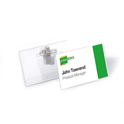 Image of Durable Name Badge 54 x 90 mm with Combi Clip Transparent Pack of 50 Badges Includes Blank Insert Cards Ideal for Events and Visitor Management