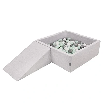 Image of KiddyMoon Foam Playground For Kids With Square Ballpit (100 Balls ∅ 7Cm/2.75In) Soft Obstacles Course And Ball Pool, Made In The EU, Lightgrey:White/Grey/Mint