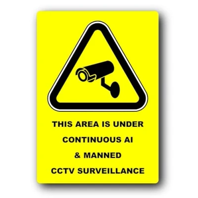 Image of A4 AI &amp; Manned CCTV Surveillance Sign, Yellow Security Warning, Aluminium Composite, UV Printed for Outdoor Use, 210mm x 297mm 3mm, 4 Fixing Holes