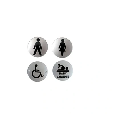 Image of Toilet Symbol Door Sign Multi Pack 75mm Diameter Stainless Steel Self Adhesive Backing (4 Signs)