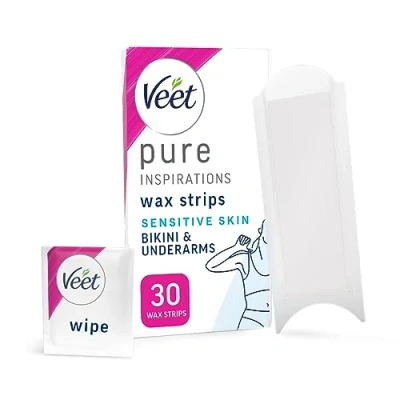 Image of Veet Pure Cold Wax Strips, Bikini &amp; Underarm, Sensitive Skin, 30 3 Finish Wipes, Hair Removal, Removes From Root, 28 Days Smoothness, Hypoallergenic Formula (Packaging may vary)