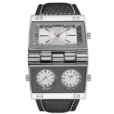 Image of Oulm 9525 Mens Watch Analog Black Leather Strap 3 Sub dials, White, Quartz Movement