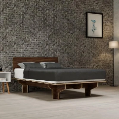 Image of blumfeldt NordicAura Double Bed Frame FSC Certified Wooden Frame, Tool Free Assembly, Walnut Finish, High Headboard with Storage, Fits 140x200 cm Mattresses
