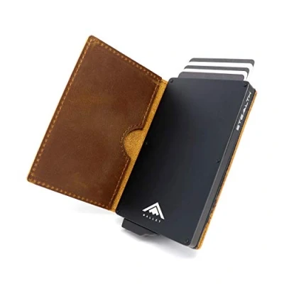 Image of Stealth Wallet RFID Card Holder Smart Minimalist Pop Up Wallets with Gift Box Slim Lightweight Metal Credit Holders for Men (Black Aluminium, Brown Crazy Horse Leather)