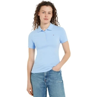 Image of Tommy Hilfiger Women&#039;s 1985 Slim Pique Polo Ss Ww0ww43225 S/S Polo, Blue (Vessel Blue), M
