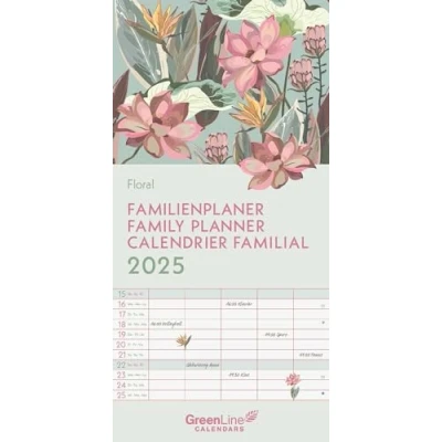 Image of GreenLine Floral 2025 Family Planner, 22 x 45 cm, Calendar with Efficient Monthly Division in 5 Columns, for Organisation, School Holidays and Timetables, Spiral Bound