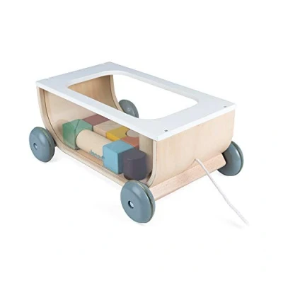 Image of Janod Wooden Cube Trolley Sweet Cocoon Collection Early Learning and Years Toy, Water Based Paint Pull Along Toy to Walk from 18 Months Onwards, J04407