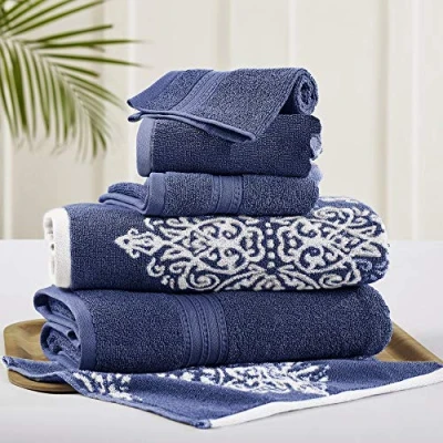 Image of Amrapur Overseas Artesia Damask 6 Piece Reversible Yarn Dyed Jacquard Towel Set (Indigo)