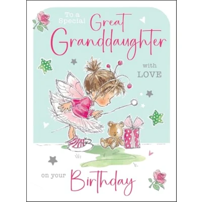 Image of Jonny Javelin Special Great Granddaughter Birthday Card Happy with Fairy Costume and Teddy Bear Design Flitter Foil Details for Girls