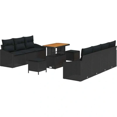Image of vidaXL 10 Piece Garden Sofa Set with Cushions Black Poly Rattan Acacia