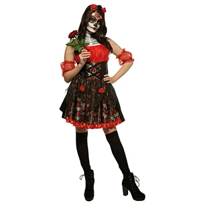 Image of Rubie&#039;s Official Day of the Dead Red Rose Ladies Costume, Adult Halloween Dress Up, Size Large UK 16. 18