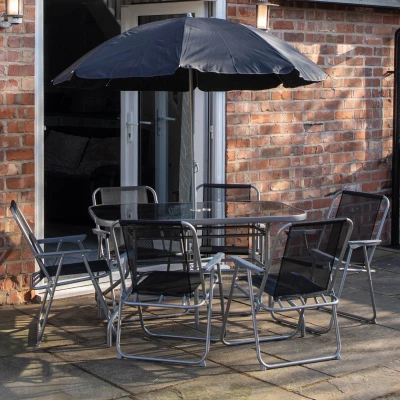 Image of 6 Person Garden Furniture Patio Set Table, Chairs &amp; Parasol with Black Glass
