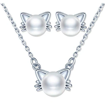 Image of Yumilok 925 Sterling Silver Jewelry Set Cute Cat Pearl Necklace Stud Earrings for Women Girls