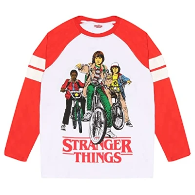 Image of Stranger Things Mike, Dustin And Lucas Long Sleeve Raglan, Adults, S 5XL, White/Red, Official Merchandise