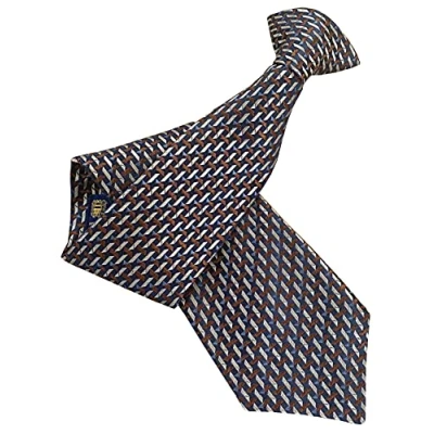 Image of Silk Navy Blue, Brown &amp; Cream Geometric Pattern Clip On Tie