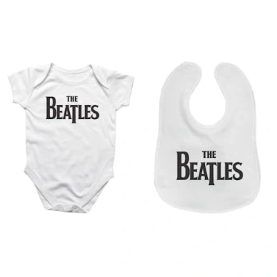 Image of The Beatles Baby Grow and Bib Set (Beatles Logo Design) White Bodysuit. Onesie with Bib. Machine Washable Clothes. Shower Gifts. Newborn Gifts Genuine Merchandise