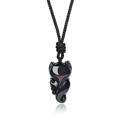 Image of COAI Obsidian Fox Pendant Necklace for Women &amp; Girls, Adjustable Cord, Natural Gemstone, Black