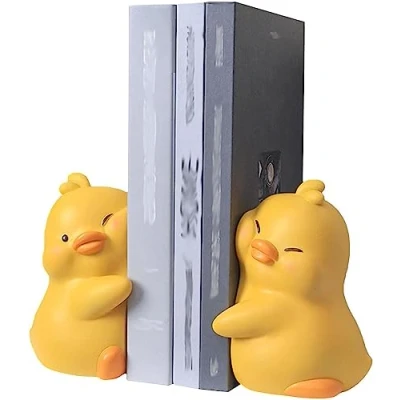 Image of Eivdru Cartoon Duck Bookends, Cute Ducks Hugging Resin Bookends Bookstops, Bookshelf Stopper for Students, Textbooks(Yellow)