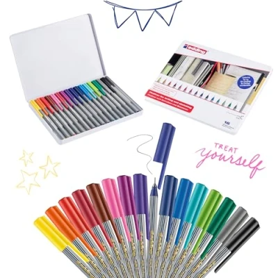 Image of edding 55 fineliner set of 16 bright colours 0.3 mm nib colour pen for writing, drawing, underlining, illustrating children and adults, at school in the home or office