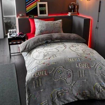 Image of Catherine Lansfield Game Over Glow in the Dark Fleece Double Duvet Cover Set with Pillowcases Black