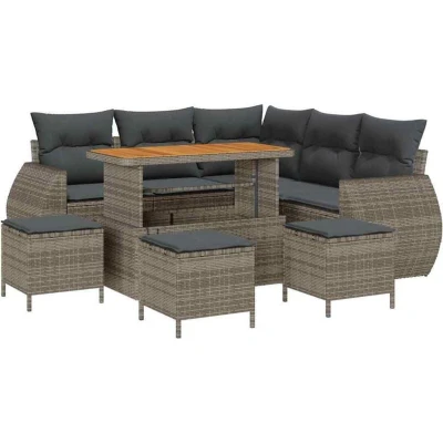 Image of Vidaxl 9 Piece Garden Sofa Set with Cushions Grey Poly Rattan Acacia