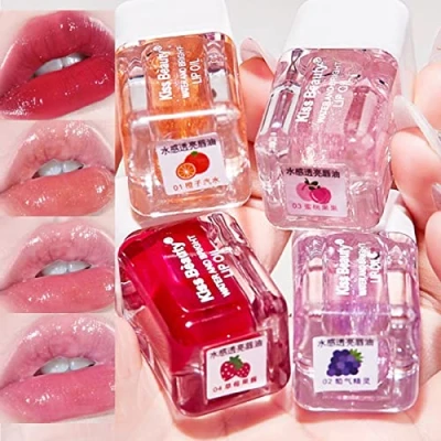 Image of 4 PCS Plumping Lip Glow Oil Set, Shimmer Hydrating Mirror Gloss Tinted Balm Care Transparent Toot Oil, Moisturizing Plumper Extreme Lipstick Tint Makeup