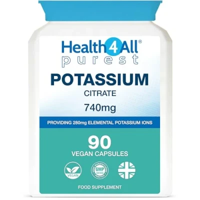 Image of Health4All Potassium Citrate 740mg 90 Capsules (V) High Elemental Potassium. Purest: no additives. Vegan Supplement