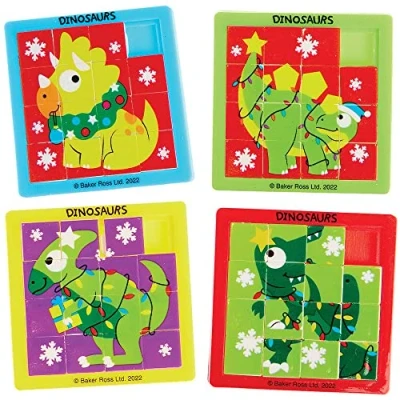 Image of Baker Ross FX366 Christmas Dinosaur Mini Sliding Puzzles Pack of 6, Xmas Slide Puzzle, Puzzle Games for Kids, Pocket Toys Children