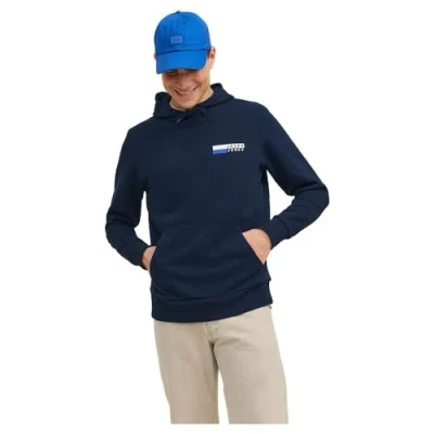 Image of JACK &amp; JONES Men&#039;s Jjecorp Logo Sweat Hood Play Noos Sweatshirt, Navy Blazer/Print: p4 Small Print, XL