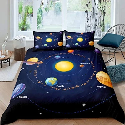 Image of Solar System Bedding Set Outer Space Theme Duvet Cover Universe Planets Comforter Astronomy Quilt for Kids Boys Girls Bedroom Collection 3Pcs Double Size