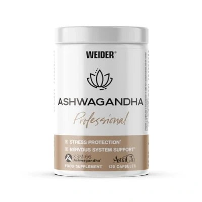 Image of Weider Ashwagandha Professional (120 capsules). Ashwaghandha KSM 66 enriched with AstraGin to improve absorption, Magnesium, Vitamine C. For the normal functioning of Nervous System. (60 servings)