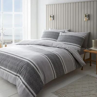 Image of Catherine Lansfield Textured Banded Stripe Double Duvet Set Charcoal