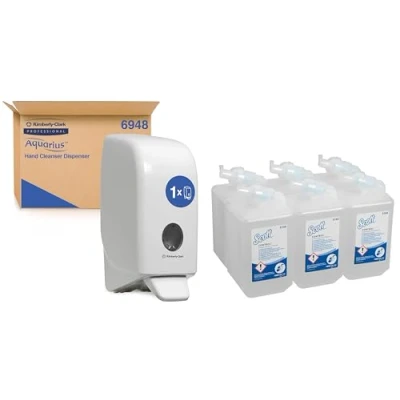 Image of Scott Control Foam Antibacterial Soap 6348 Unscented Foaming Hand 6 x 1 Litre Clear Wash Refills with Aquarius White Wall Mounted Cleanser Dispenser 6948