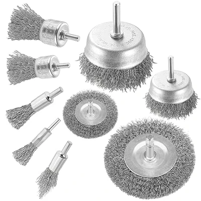 Image of Wire Brushes Drills Set 9 pcs,Metal with 1/4 Inch Shank Brush Wheel, Cup and Tube Kit for Cleaning Rust, Removing Paint Wood