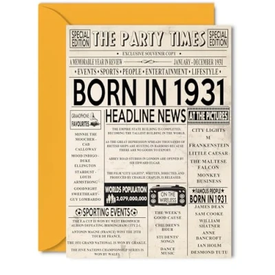 Image of 93rd Birthday Cards for Women Men Born In 1931 Newspaper Happy 93 Card Grandma Grandad Nan Vintage Retro Back 1931, 5x7 Inch Ninety Three Third Bday Greeting