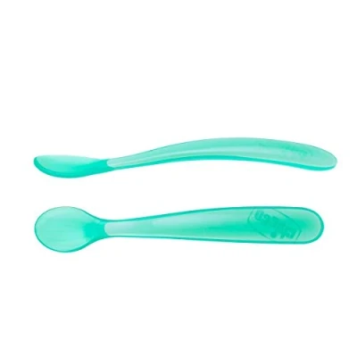 Image of Chicco Long Feeding Spoon Soft Silicone Duo Pack for Babies and Toddlers Baby with Ergonomic Curved Handle Food 2 Pieces Cutlery 6+ Months