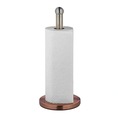 Image of Relaxdays Kitchen Roll Holder, Stainless Steel, Paper Towel Stand for The Counter, HxØ: 35x15cm, Silver/Bronze