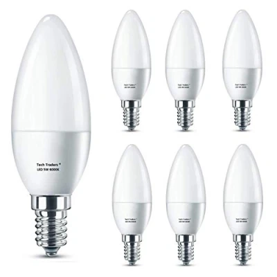 Image of E14 LED Candle Lights,Tech Traders C37 Bulbs, 6000K Cool White,5W (SES) Small Edison Screw Bulb, Equivalent to 50W Incandescent Non Dimmable, 400Lm, 160Beam Angle, 6 Pack