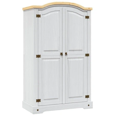 Image of vidaXL 2 Door Wardrobe in Rustic Mexican Corona Style, Solid Pinewood Closet with a Brown Top, White Finish and 1 Shelf for Bedroom