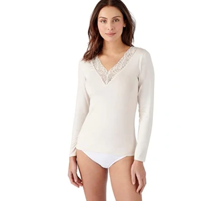 Image of Damart Women&#039;s T Shirt Manches Longues Dentelle Thermolactyl Invi, Sand Brown, XL