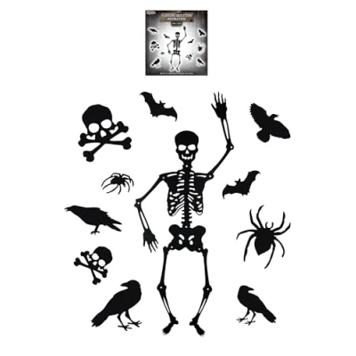 Image of HENBRANDT 1 x Hanging Skeleton with 10 Decorative Cutouts 95cm Jointed Articulated Props Haunted House Dungeon Decor Trick or Treat Spooky Halloween Decorations