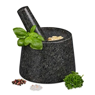Image of Relaxdays Mortar with Pestle, Spices, Herbs, Polished Stone Mortar, Ø 13.5 cm, Granite, Dark Grey