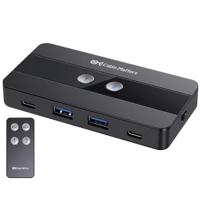 Image of Cable Matters 10Gbps 4 Port USB and C Switch for 2 Computers with Remote Control, KVM Switch/USB Switcher, Share 2x A Peripherals Between Hosts
