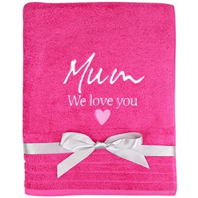 Image of TeddyTs Personalised Mum &amp; Gift Message Super Soft Cotton Bath Towel (Fuschia Pink)