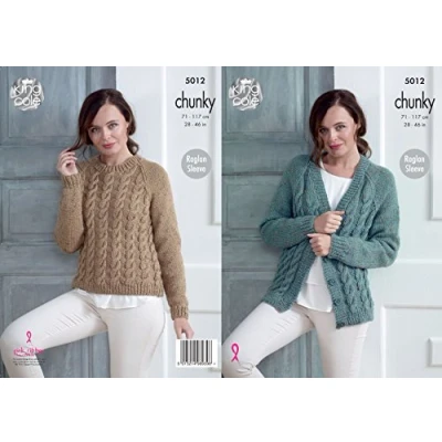 Image of King Cole Ladies Chunky Knitting Pattern Womens Raglan Sleeve Cabled Cardigan &amp; Sweater (5012),Multicolor,28&quot; 46 bust