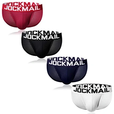 Image of JOCKMAIL 4PCS/Pack Sexy Men Briefs Mens Underwear Comfortable Mesh Bikini Male Lace Panties (XXL, Black+White+Red+Navy)