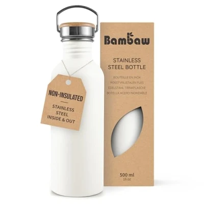 Image of Bambaw Stainless Steel Water Bottle 500ml, White Bottle, Non Insulated Metal BPA Free Wide Mouth 500ml Polar