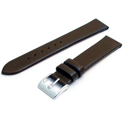Image of Fine Calf Leather Watch Strap Band 18mm Dark Brown with Chrome (Silver Colour) Buckle. Free Spring Bars (Watch Pins)