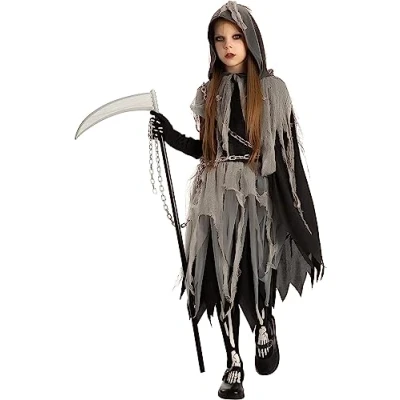 Image of Spooktacular Creations Girls Grim Reaper Costume Halloween Fancy Dress Kids, Dark Knight Outfit for Girls, Black&amp;Gray, X Large (13 15 yrs)